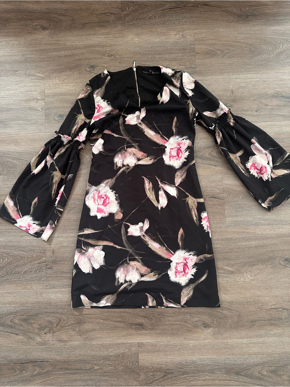 White House Black Market Black Floral Bell-Sleeve Mini Dress